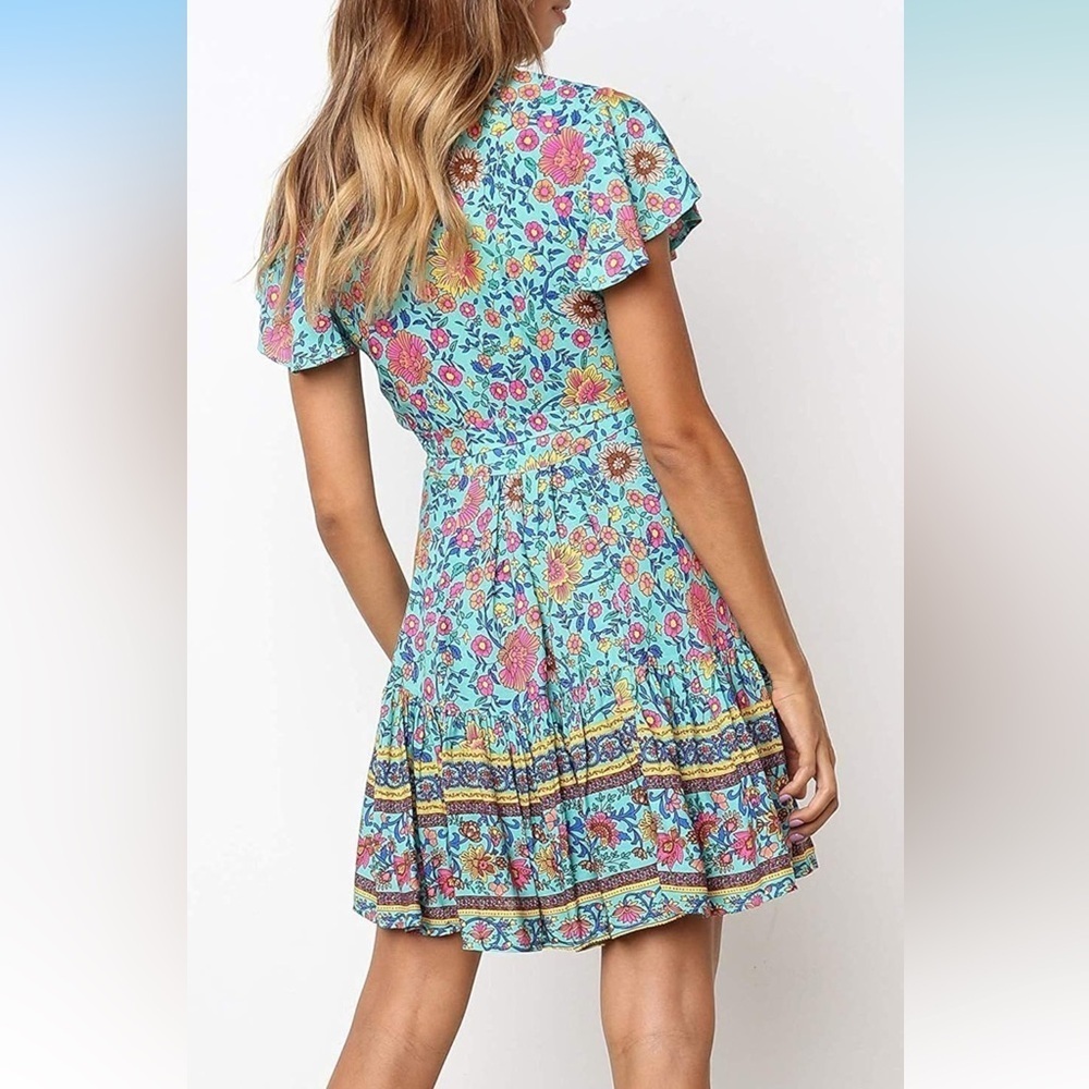 Summer Wrap V Neck Dresses Bohemian Floral Print Ruffle Swing XL - Picture 12 of 14